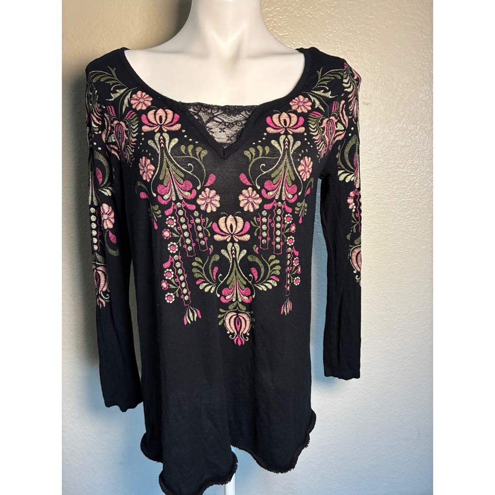 Signature Collection Womens Black Embroidered Lace V-Neck Long Sleeve Top Medium